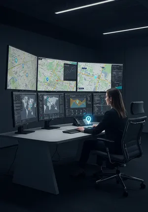 Professional dashboard showing GPS tracking interface with multiple vehicle locations and real-time data