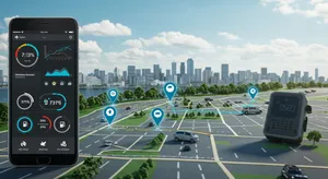 Fleet management system showing business analytics and GPS tracking metrics