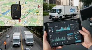 Fleet management overview showing GPS tracking devices and fleet vehicles
