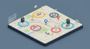 Fleet management geofencing interface with GPS tracking zones and alerts