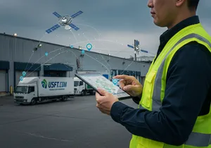 GPS satellite network communicating with fleet vehicles