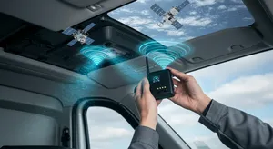 Fleet tracking system showing GPS signal transmission between satellites and vehicles
