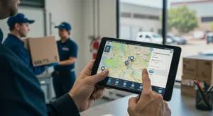 Fleet management mobile app showing GPS tracking and dispatch features