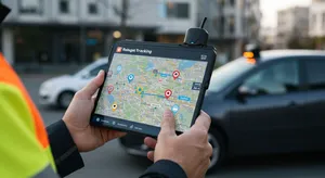 GPS fleet tracking interface showing multiple vehicle locations and route planning