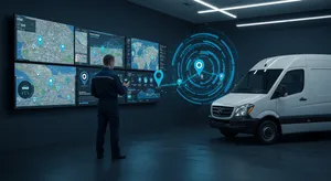 Fleet tracking system security showing GPS tracking device data protection