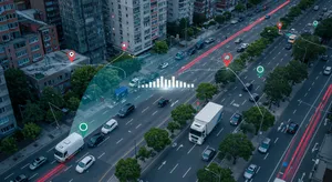 Fleet tracking system showing GPS signal reception and processing for multiple vehicles