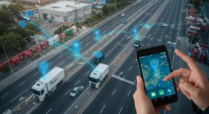 Fleet tracking system demonstrating GPS signal transmission paths for multiple vehicles